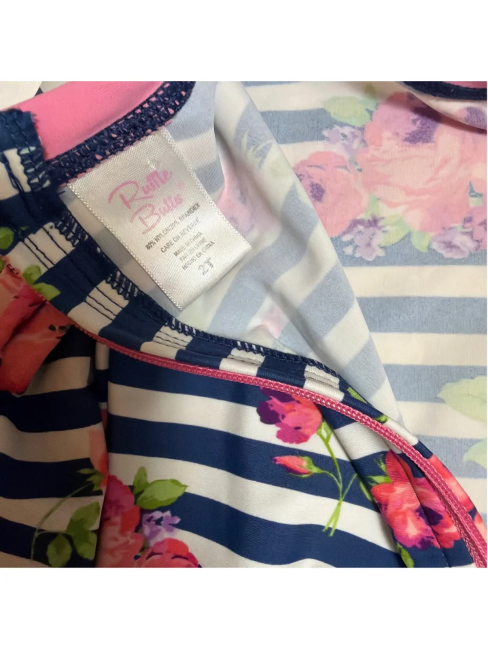 Girls Ruffle Butts Rashguard 2T Long Sleeve Navy Pink Striped Floral Swimsuit